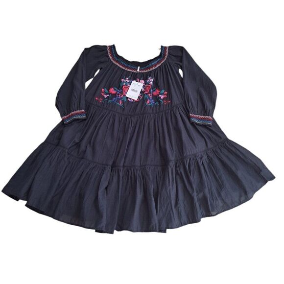 Free People Sunbeam Black Embroidered Off Shoulder Boho Peasant Tunic Dress M - Picture 2 of 9